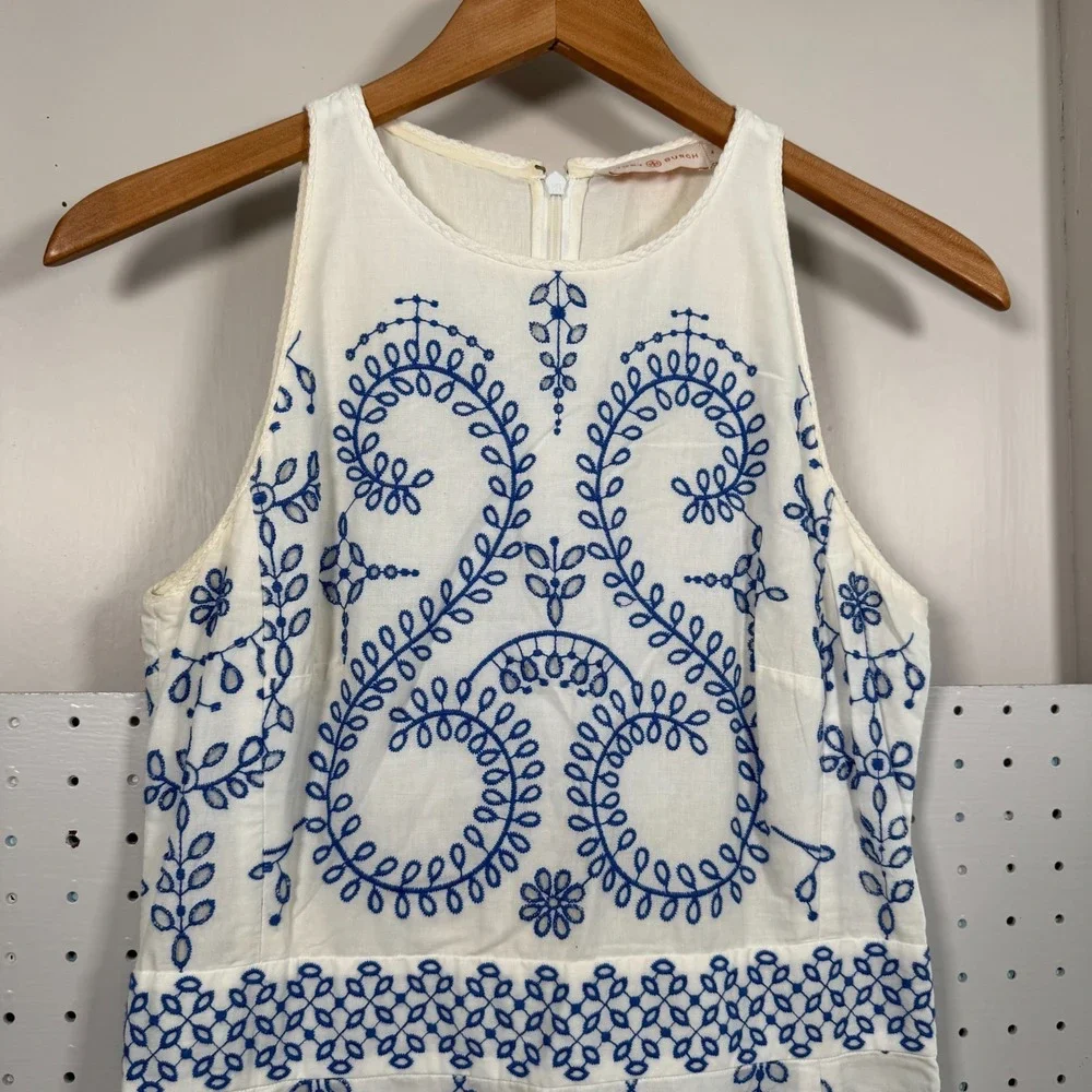 Tory Burch Floral Mariana Dress Womens Blue‎ White Embroidered Scallop Hem - 4